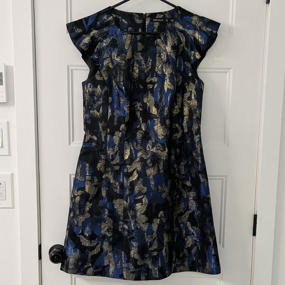 Karen Millen Blue Gold Floral Jacquard Cocktail Dress Size 10 Party Dress - Picture 4 of 8